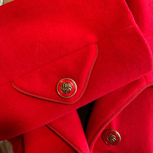 Dennis Basso Red Wool Cashmere Blend Coat Faux Fur Hood with Scarf Size Medium - Picture 3 of 12